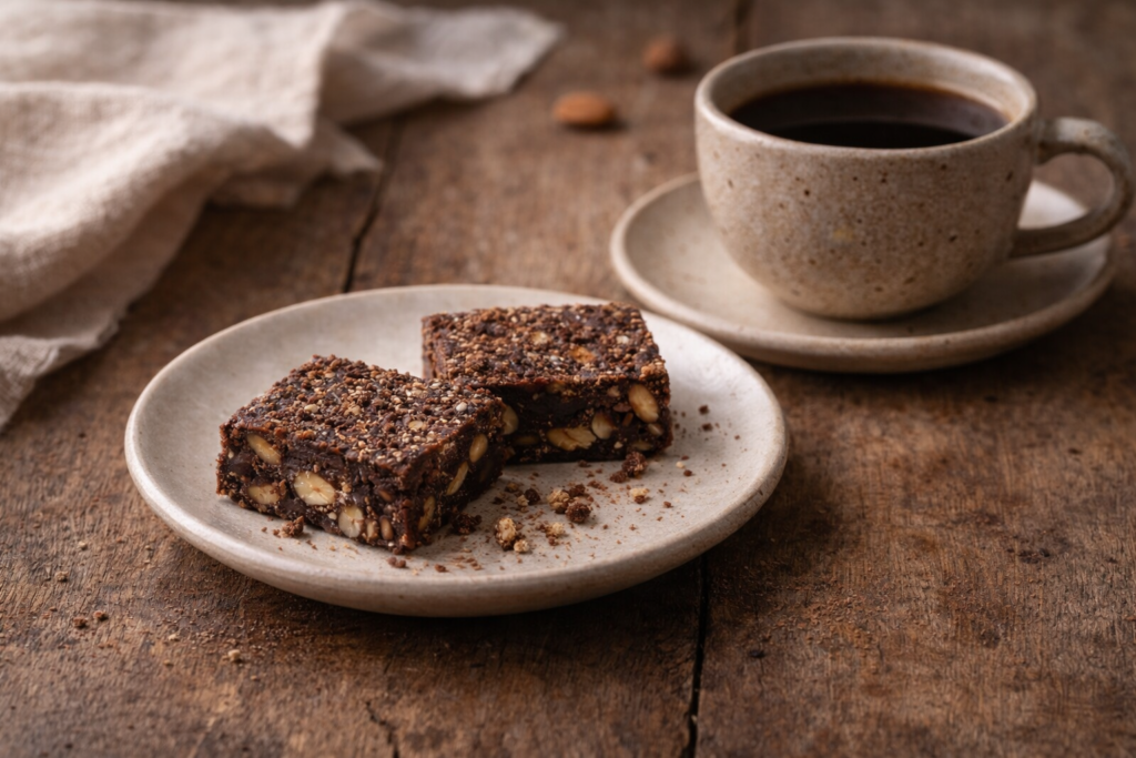 Doce de cacau e castanhas servido com café em momento de pausa