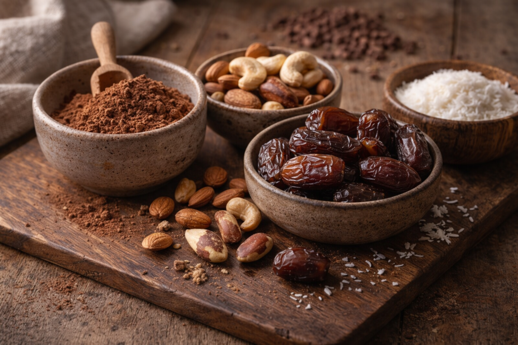 Ingredientes naturais para doce de cacau e castanhas