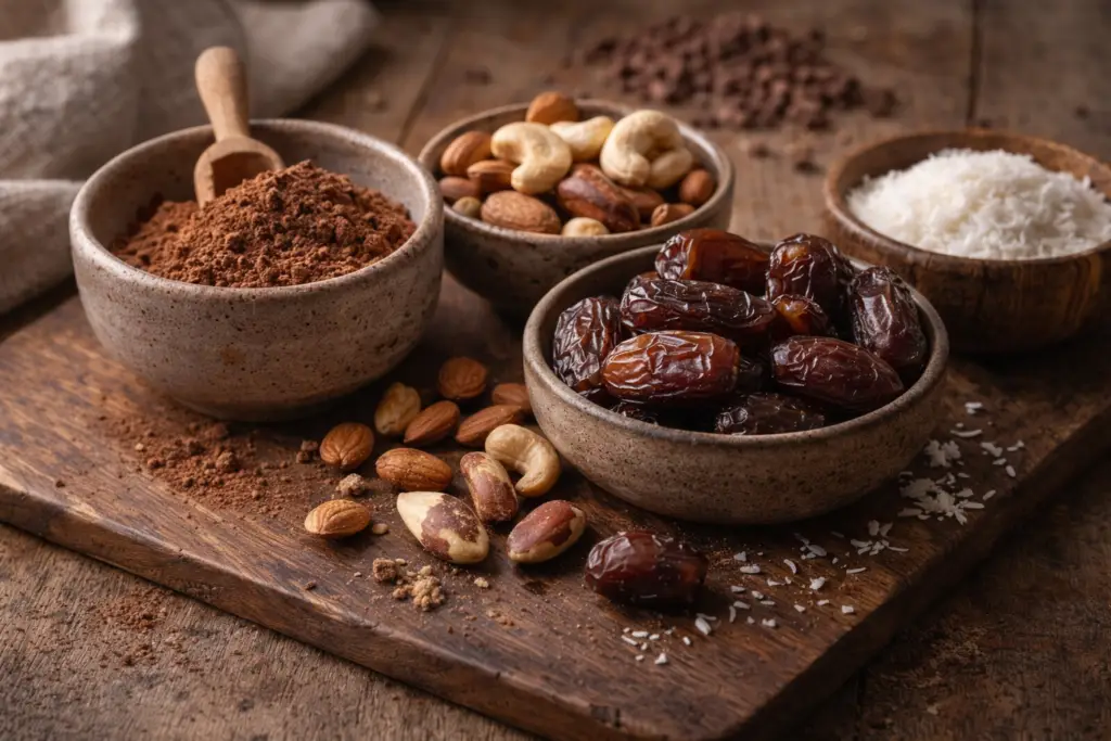 Ingredientes naturais para doce de cacau e castanhas