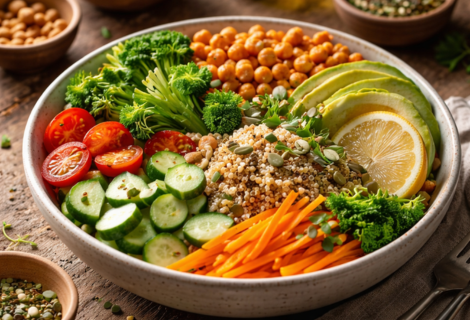 Prato base que nutre: Ingredientes naturais organizados para preparo de prato base vegetal com legumes, grãos e folhas