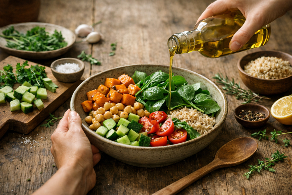 Preparo essencial de prato base que nutre: vegetal com gesto consciente, ingredientes naturais e luz suave