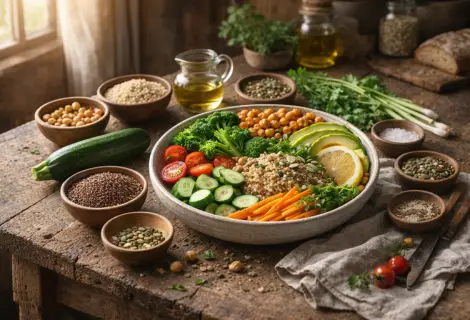 Prato base que nutre equilibrado com legumes, grãos e folhas frescas servido em louça rústica