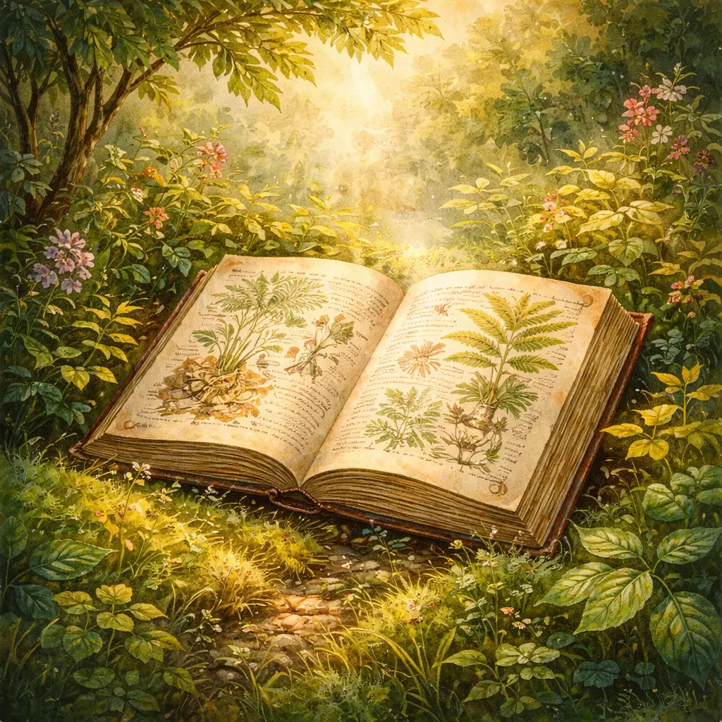 Livro botânico aberto em meio a plantas e flores, simbolizando os mistérios explorados em A Vida Secreta das Plantas.