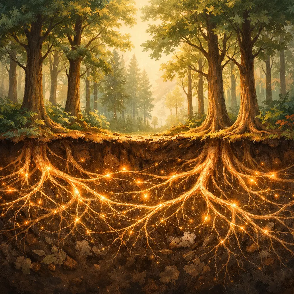 Rede subterrânea de raízes e fungos conectando árvores em uma floresta, representando a chamada internet da floresta.
