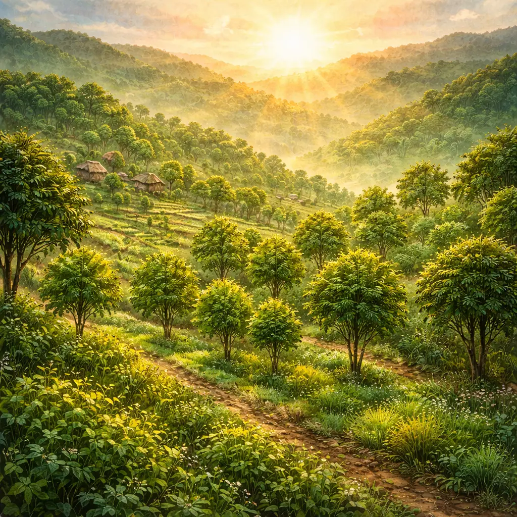 Colinas verdes reflorestadas no Quênia iluminadas pelo sol, simbolizando o impacto do movimento Green Belt Movement.