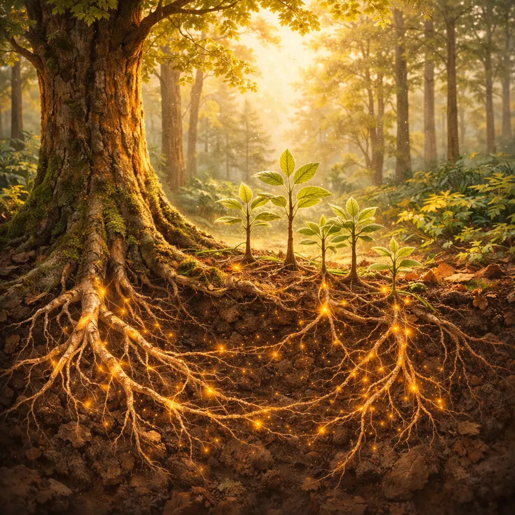 Árvore antiga conectada a mudas jovens através de raízes e rede subterrânea de fungos em uma floresta.