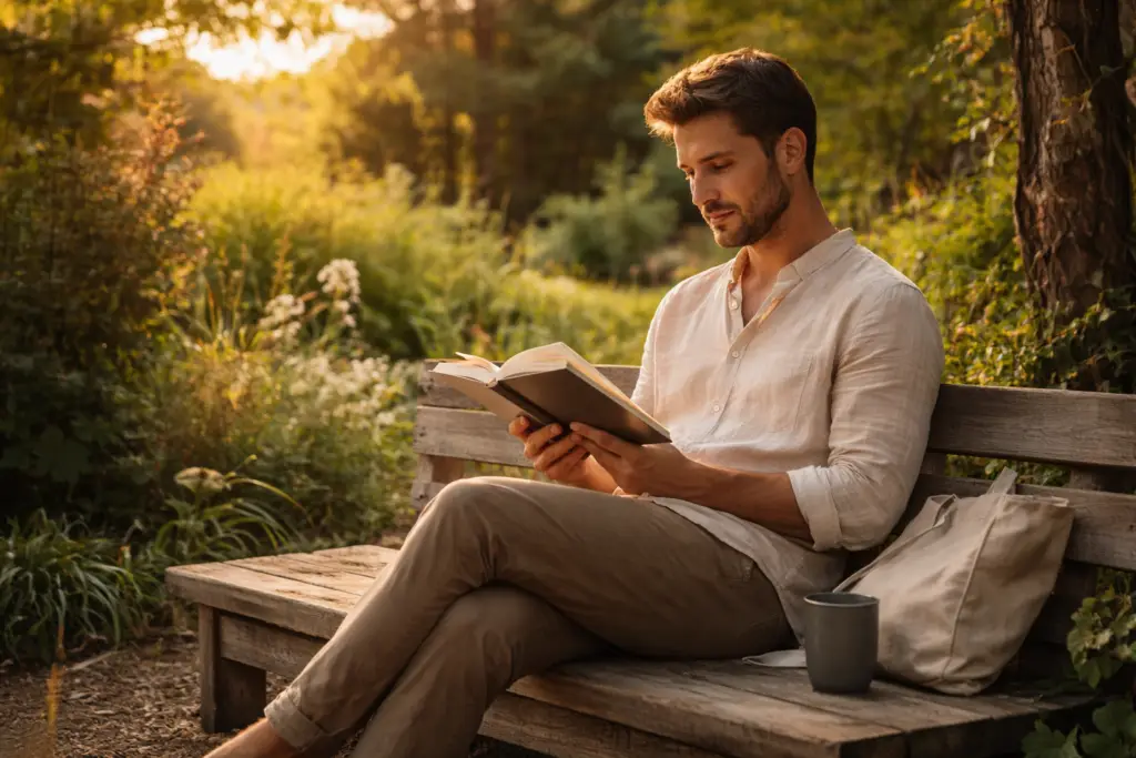 homem lendo um livro em um banco de jardim como prática de autocuidado fora da tela