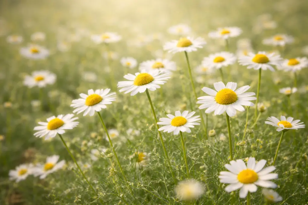 Flores de camomila crescendo no campo (Matricaria chamomilla)