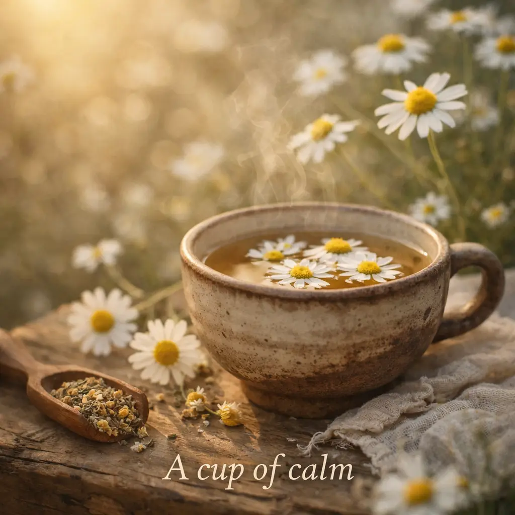 What is Chamomile Good For? steaming chamomile tea with flowers floating on the surface in a rustic setting with warm light