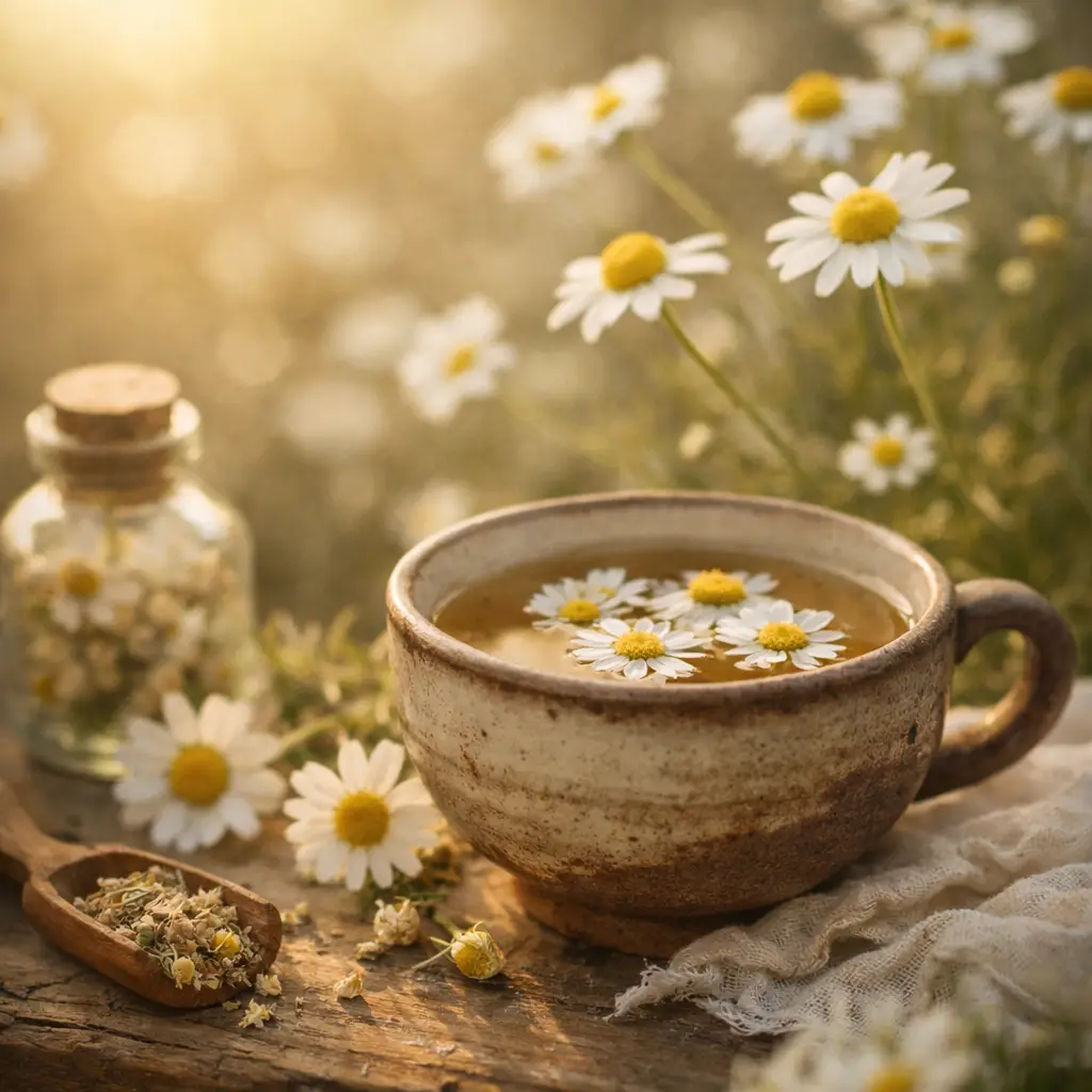 What is Chamomile Good For? chamomile tea in a rustic ceramic cup surrounded by fresh chamomile flowers in warm natural light