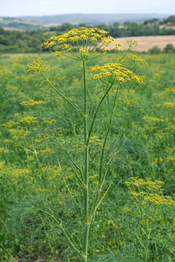 Planta medicinal erva-doce (Foeniculum vulgare) com flores amarelas em umbela.