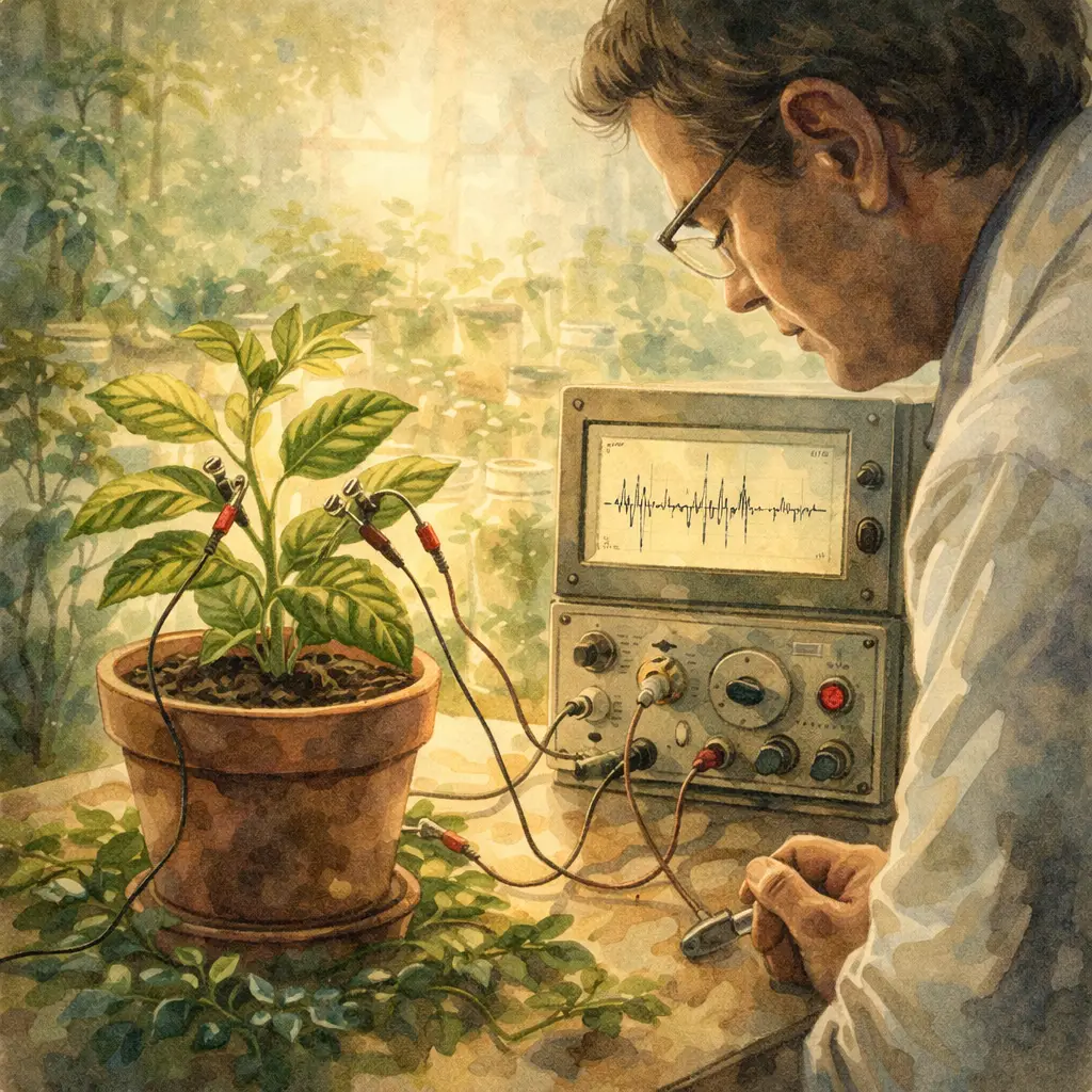 A Vida Secreta das Plantas: o livro que despertou curiosidade sobre o mundo vegetal | Benverde Cientista observando planta conectada a sensores em um experimento sobre respostas das plantas.