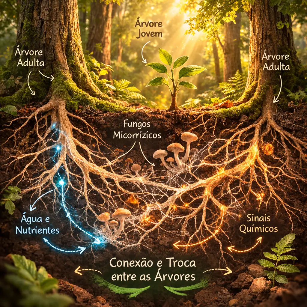 A internet da floresta: ilustração científica mostrando raízes de árvores conectadas por fungos micorrízicos trocando água, nutrientes e sinais químicos.
