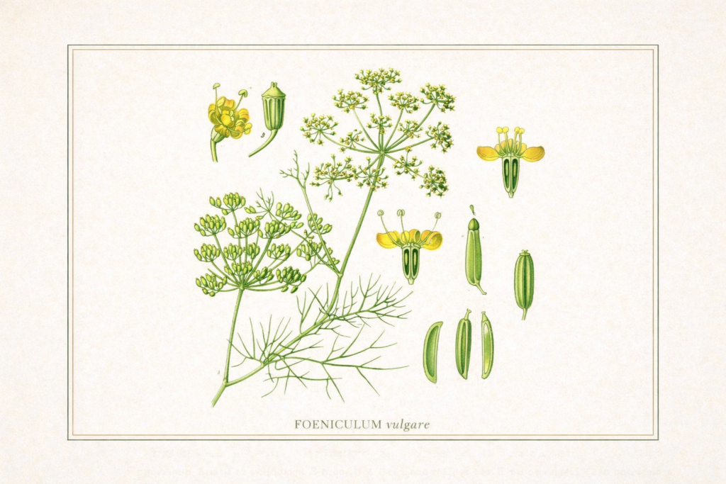 Ilustração botânica de Foeniculum vulgare mostrando flores, folhas e frutos da erva-doce.