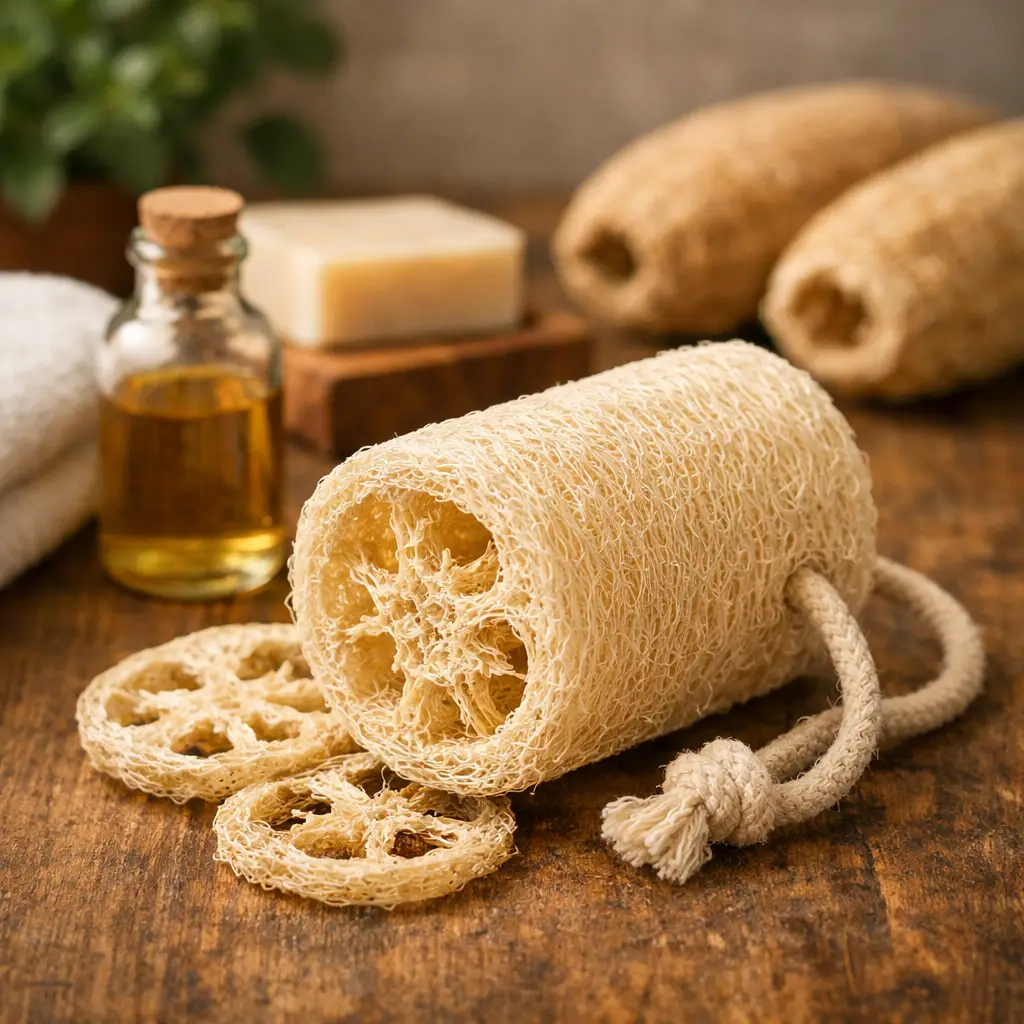 esponja vegetal natural de banho sobre superfície rústica com luz suave