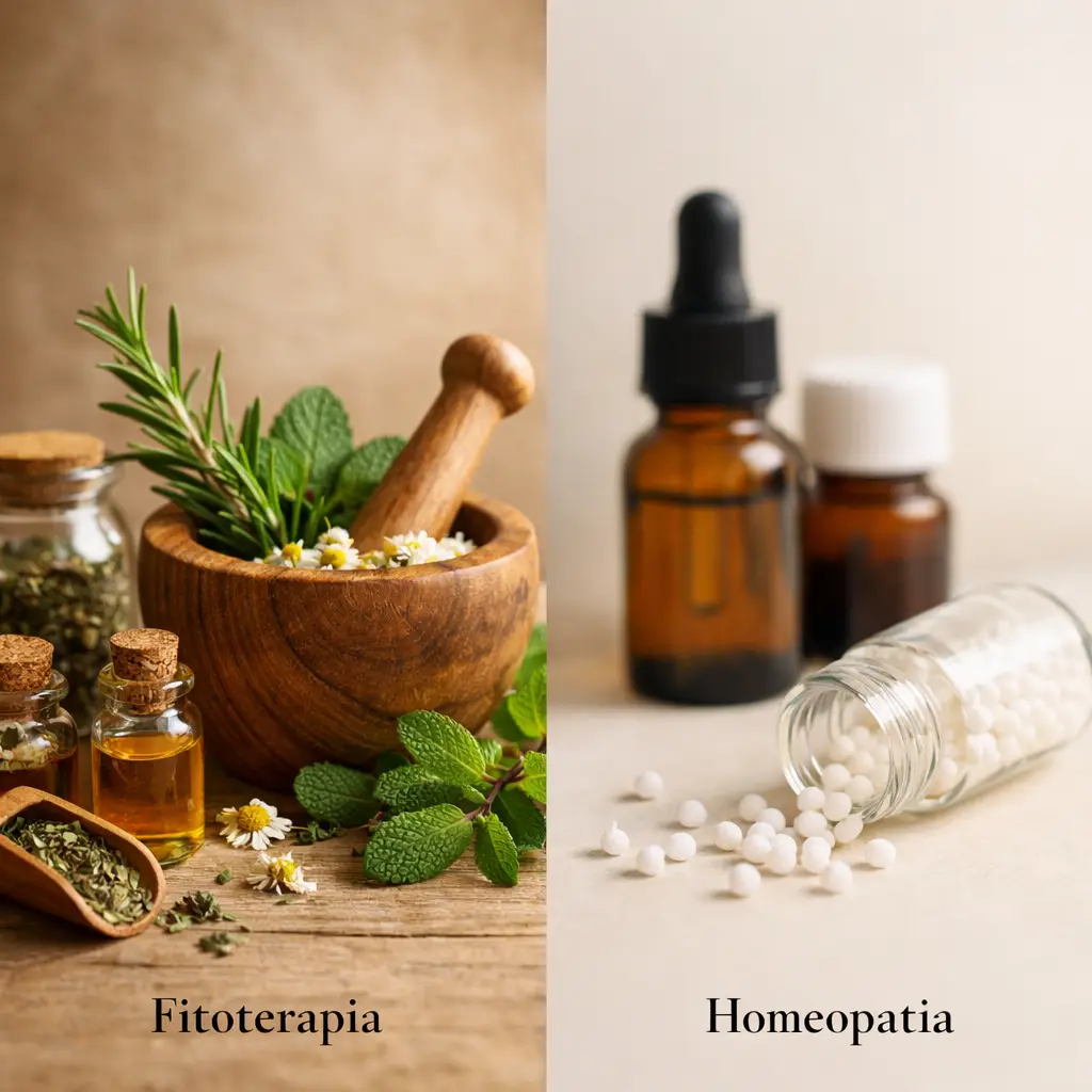 Fitoterapia ou homeopatia: comparação entre fitoterapia e homeopatia com plantas medicinais e frascos de glóbulos