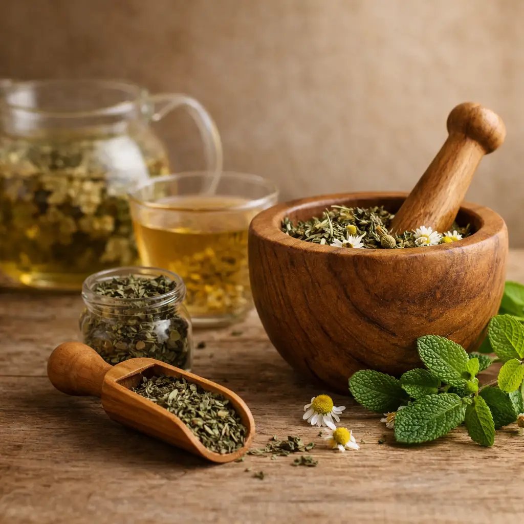 Fitoterapia ou homeopatia: preparo de plantas medicinais com ervas naturais em pilão e chá fitoterápico