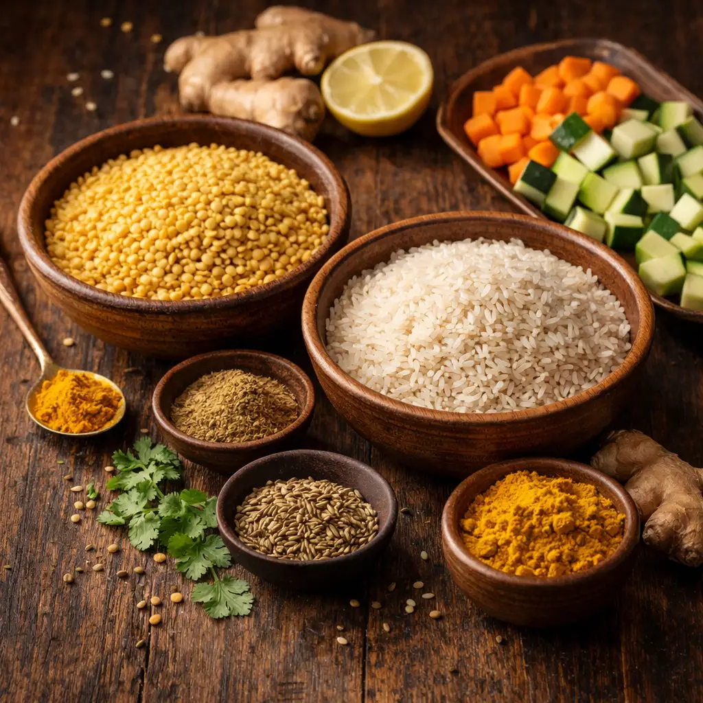 Ingredientes do kitchari com arroz, lentilhas, cúrcuma, cominho, gengibre e legumes sobre mesa rústica