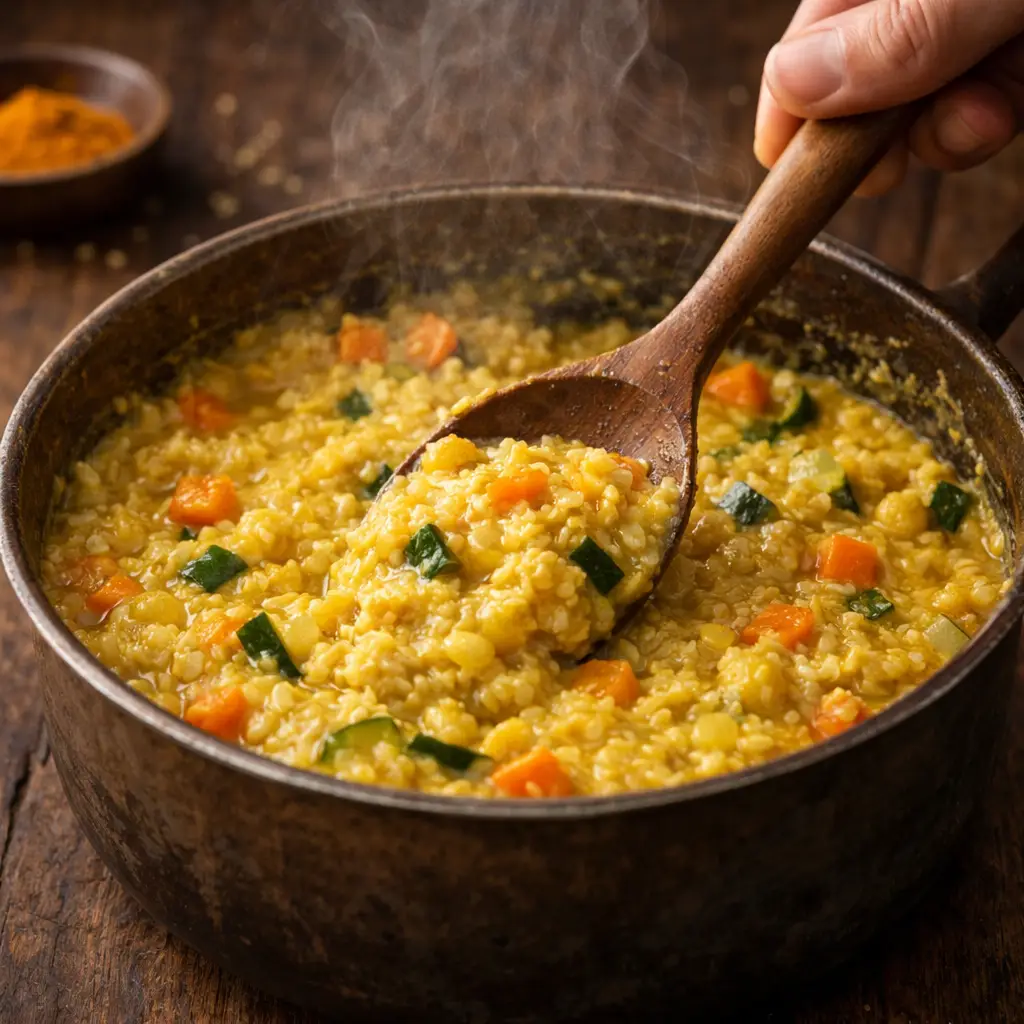 Kitchari sendo mexido na panela com colher de madeira mostrando textura cremosa com legumes