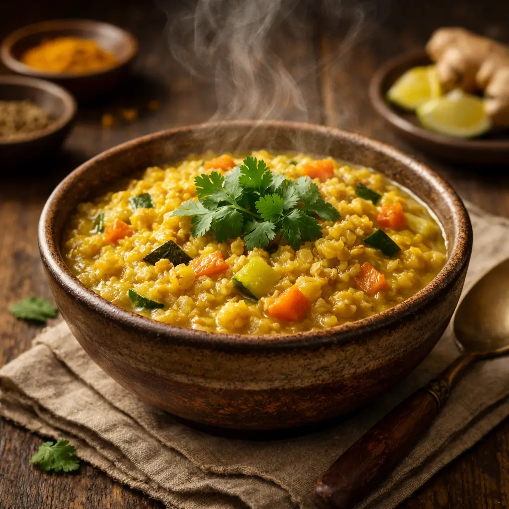 Prato de kitchari cremoso com arroz, lentilhas e legumes em tigela rústica com vapor