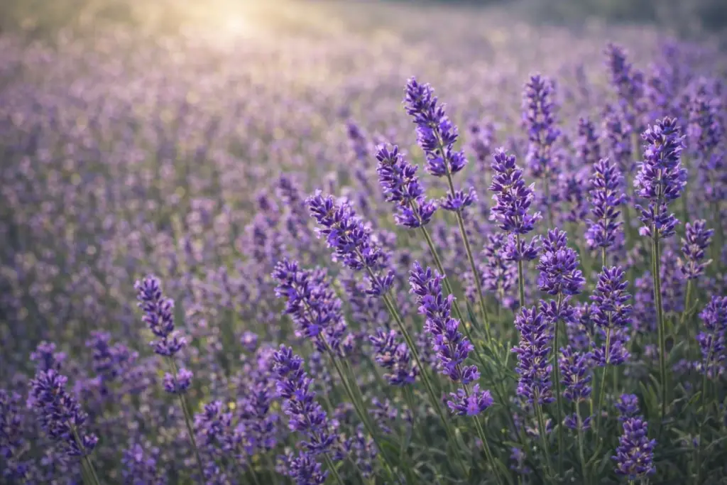 Para que serve a lavanda: Campo de lavanda com flores roxas em ambiente natural iluminado pelo sol