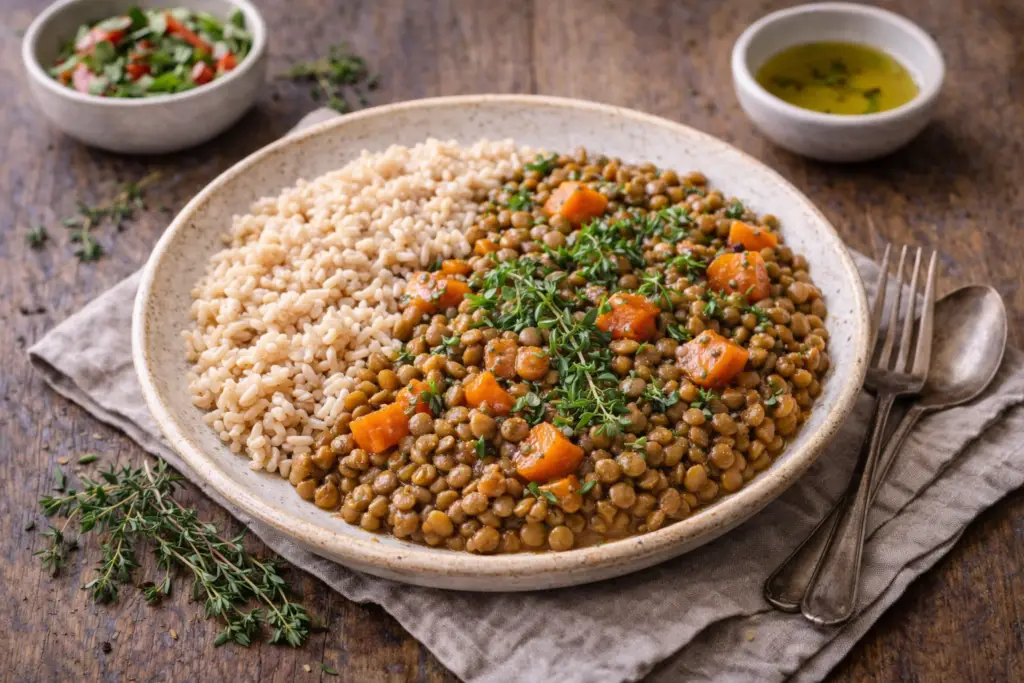 Lentilha com ervas: uma receita simples, nutritiva e cheia de sabor | Benverde prato de lentilha com ervas e arroz integral