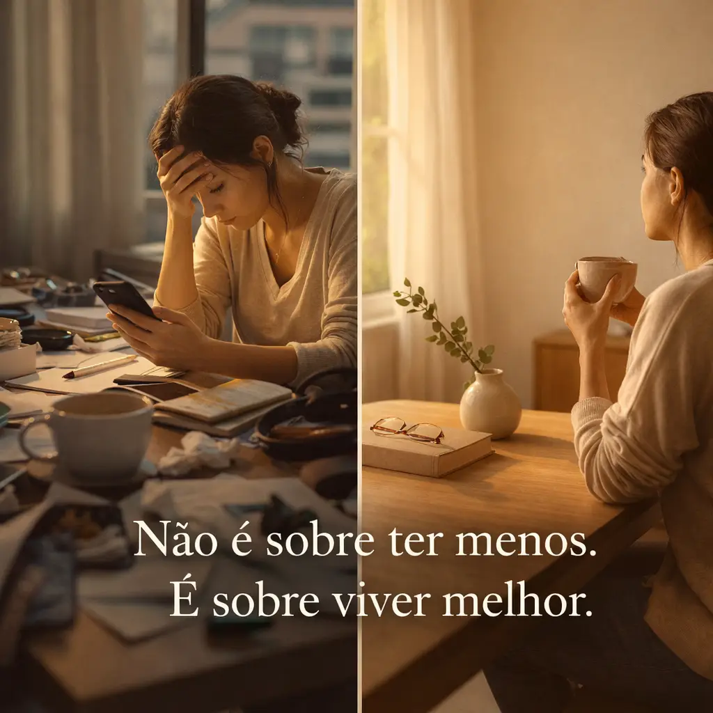 O luxo de uma vida simples: comparação entre vida com excesso e vida simples mostrando equilíbrio e bem-estar