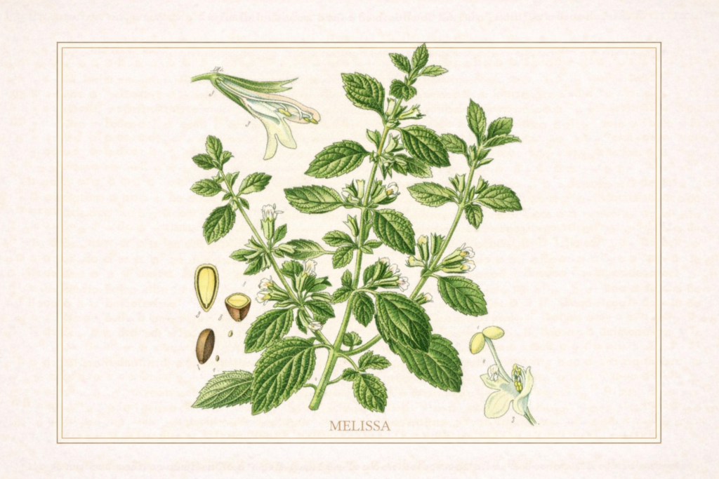 Gravura botânica de Melissa officinalis mostrando folhas, flores e detalhes morfológicos da planta medicinal erva-cidreira.