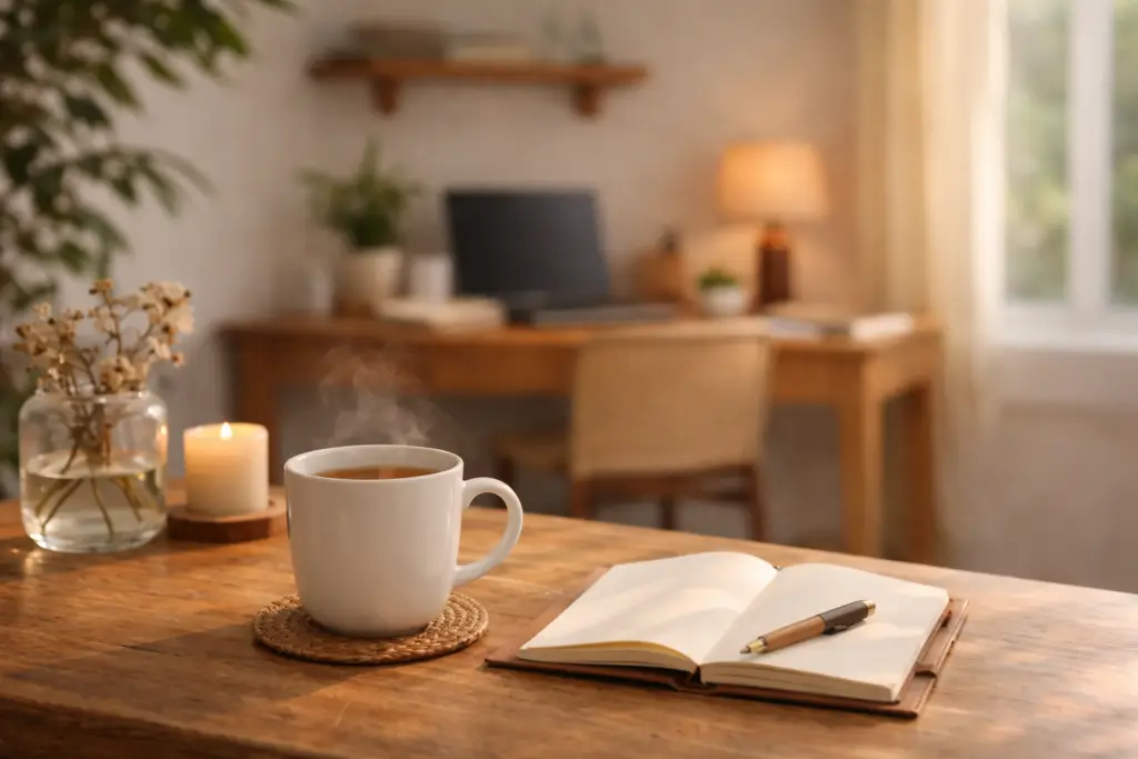 Rotina leve: ambiente de trabalho organizado com luz natural representando rotina leve e desaceleração