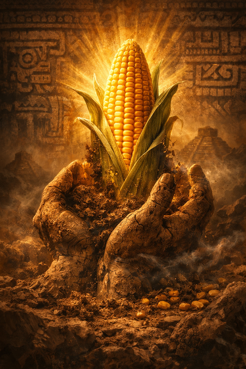 milho na mitologia maia: símbolo de origem da vida em representação mitológica com mãos de terra