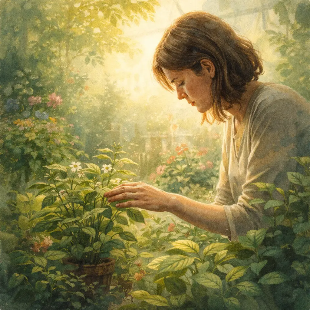 A Vida Secreta das Plantas: o livro que despertou curiosidade sobre o mundo vegetal | Benverde A vida secreta das plantas: pessoa observando e tocando folhas de plantas em um jardim iluminado pelo sol.