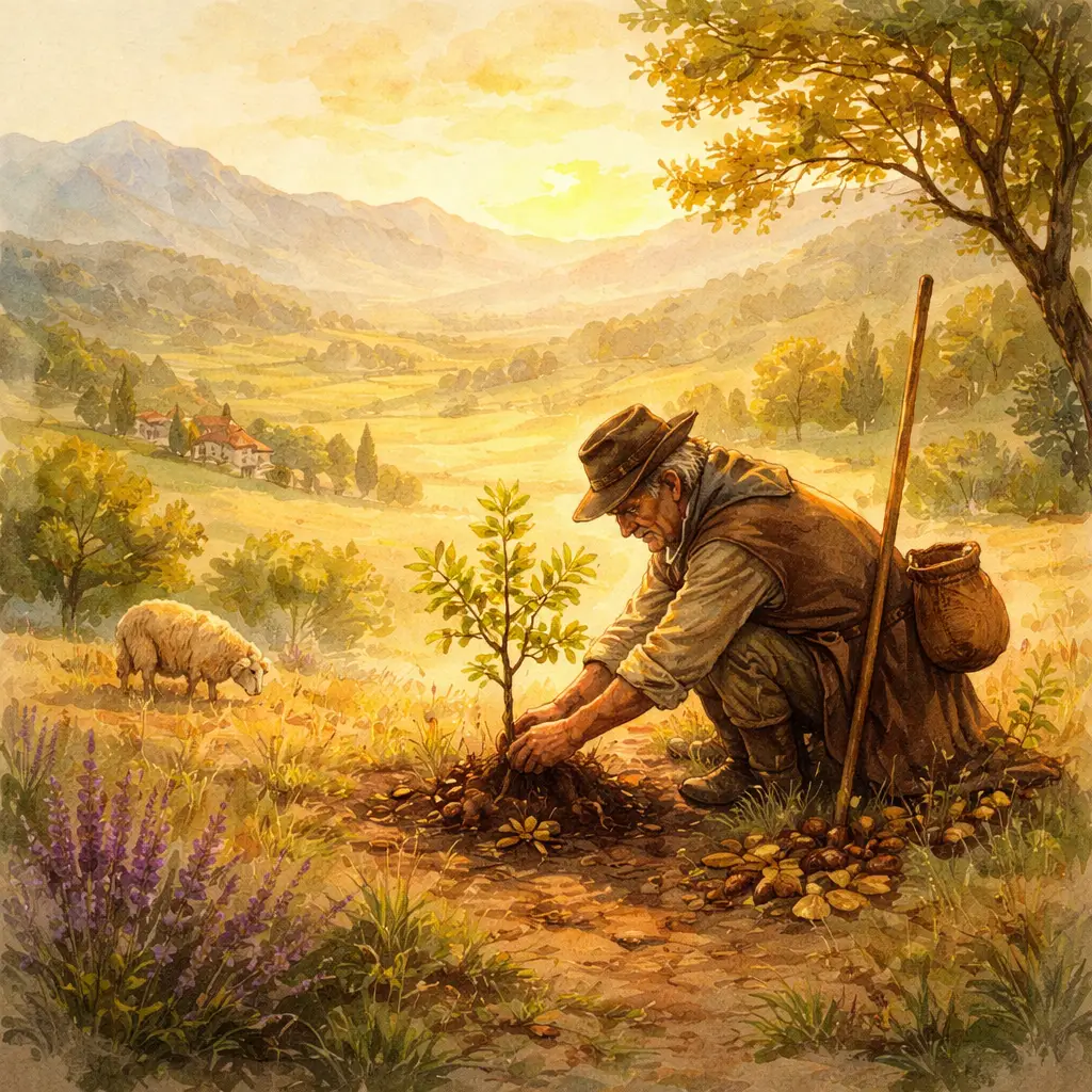 Homem plantando uma muda de árvore na paisagem da Provença ao nascer do sol, inspirado na história O Homem que Plantava Árvores.