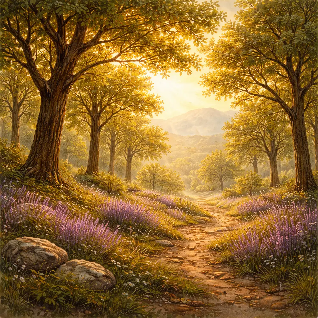 Floresta de carvalhos iluminada pelo sol na paisagem da Provença, inspirada na história O Homem que Plantava Árvores.