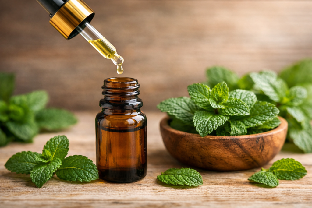 Óleo Essencial de Hortelã-Pimenta: benefícios, usos e cuidados na aromaterapia | Benverde Frasco de óleo essencial de hortelã-pimenta com folhas frescas de Mentha piperita sobre mesa de madeira