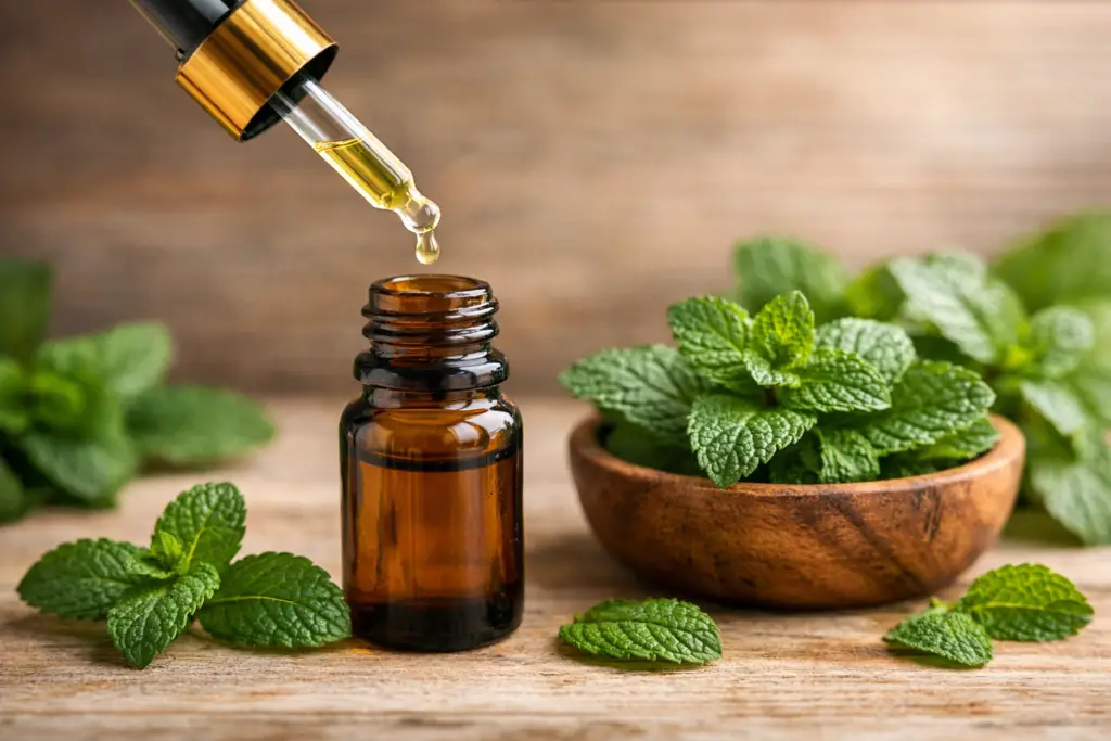 Frasco de óleo essencial de hortelã-pimenta com folhas frescas de Mentha piperita sobre mesa de madeira