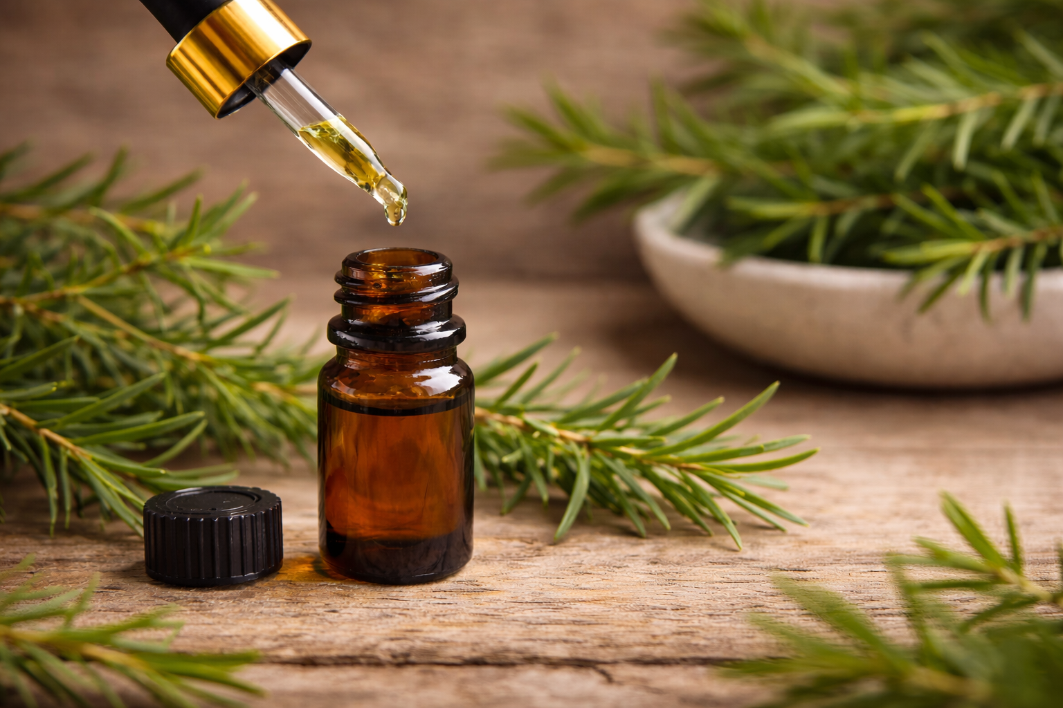 Óleo Essencial de Tea Tree: benefícios, usos e cuidados naturais | Benverde Óleo essencial de tea tree (Melaleuca alternifolia) em frasco âmbar sobre mesa rústica com folhas da planta