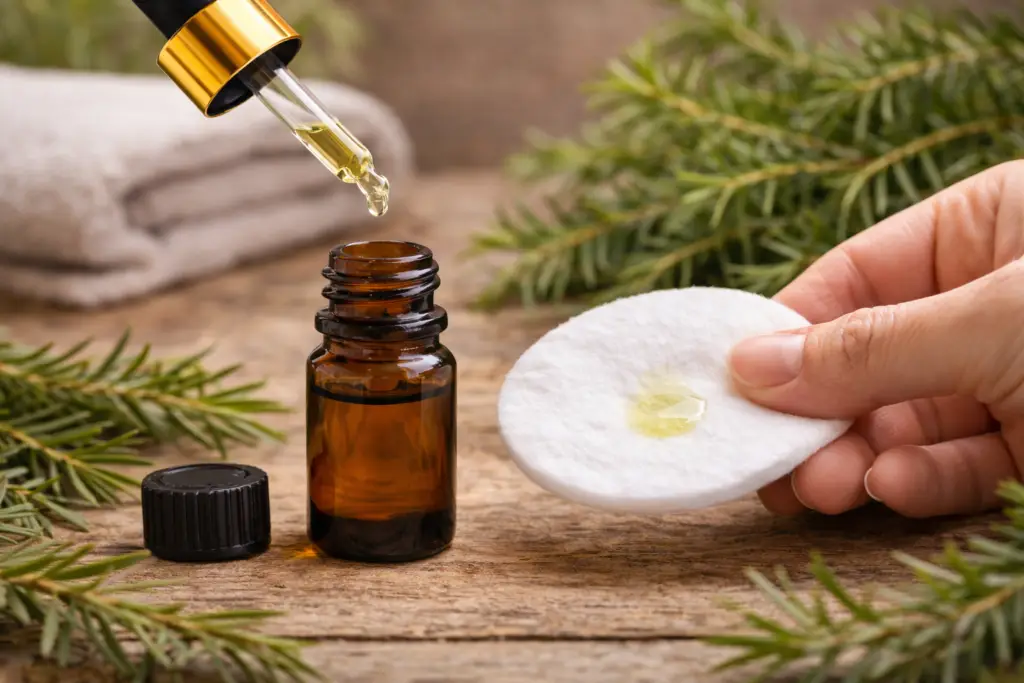 Aplicação de óleo essencial de tea tree em algodão para cuidados naturais da pele
