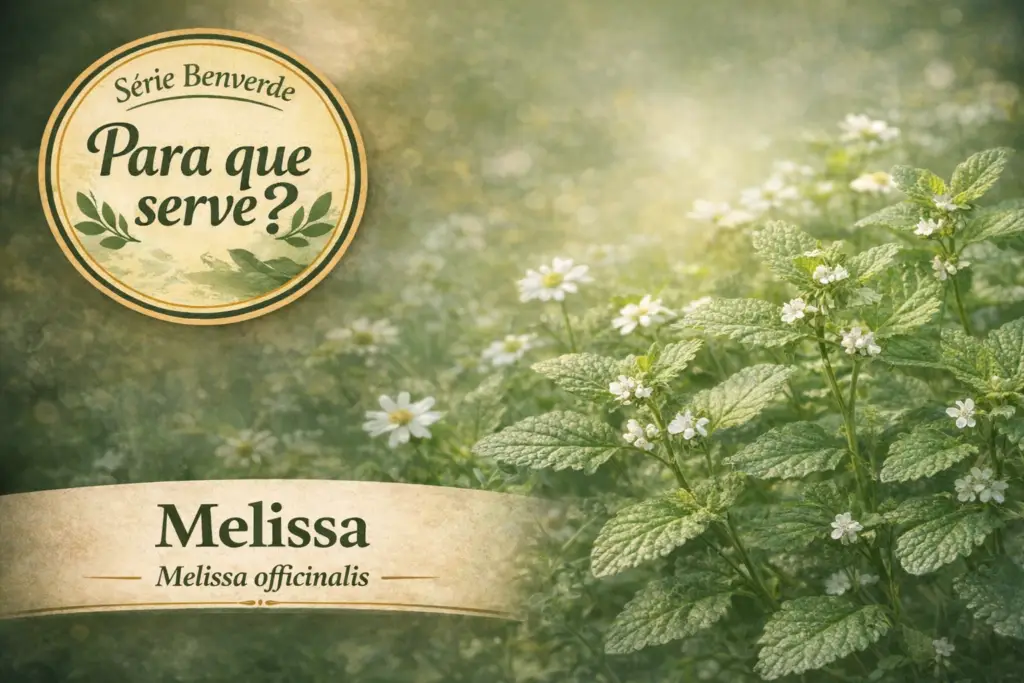 Para que serve a melissa: imagem da planta Melissa officinalis com folhas verdes e flores brancas em fundo natural – série Benverde Para que serve