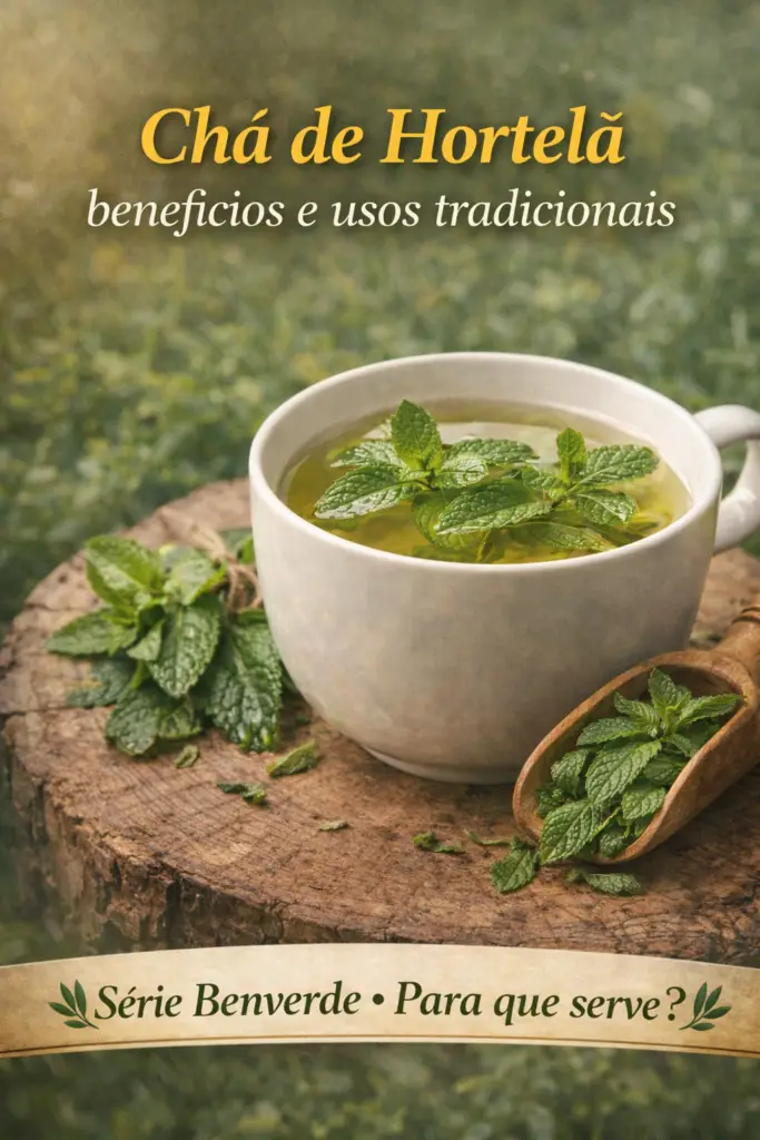 Para que serve a hortelã: xícara de chá de hortelã com folhas frescas sobre base de madeira rústica