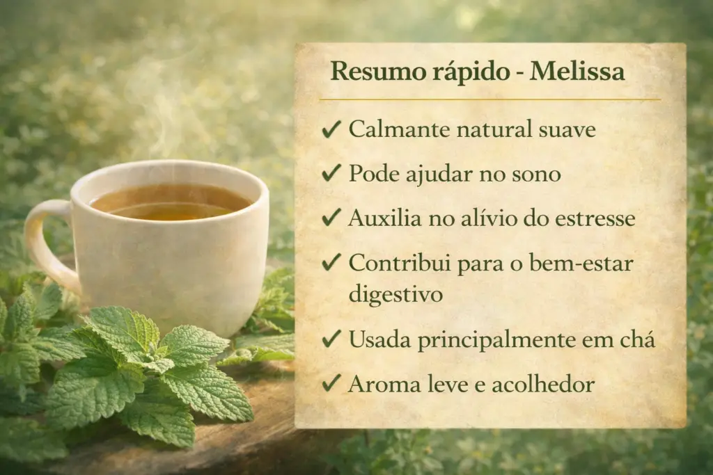 Para que serve a melissa: xícara de chá de Melissa officinalis com folhas frescas ao lado em ambiente natural e acolhedor
