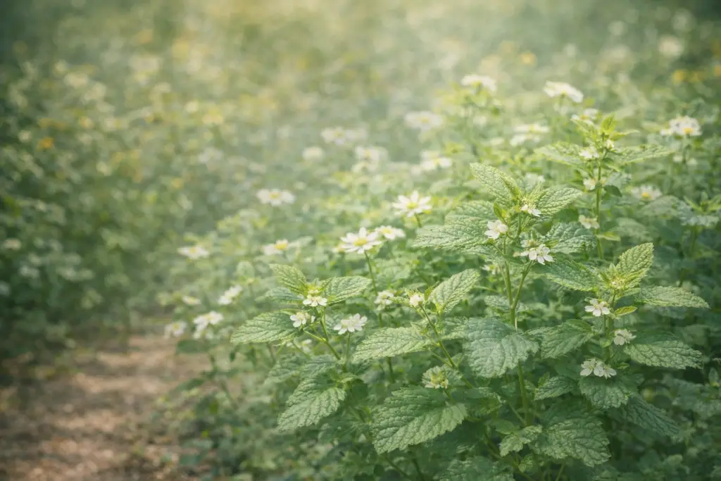 Para que serve a melissa officinalis : Planta crescendo em ambiente natural com folhas verdes serrilhadas e pequenas flores brancas