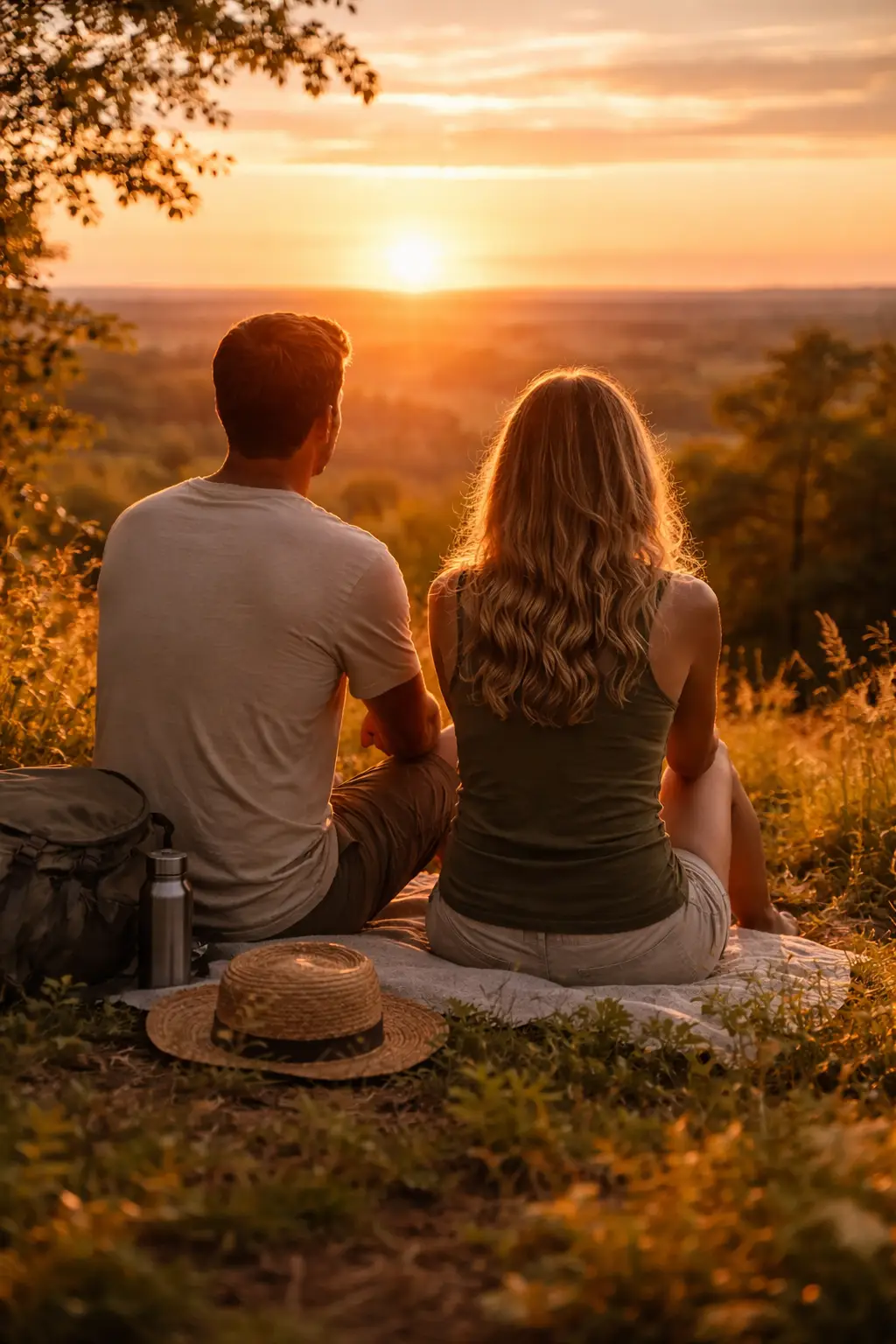 homem e mulher sentados observando o pôr do sol em momento de pausa e desaceleração