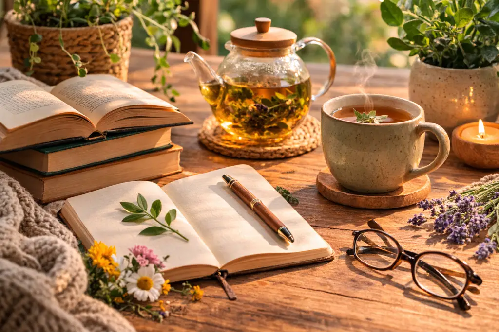 mesa com chá, livro e caderno representando rituais simples de autocuidado fora da tela