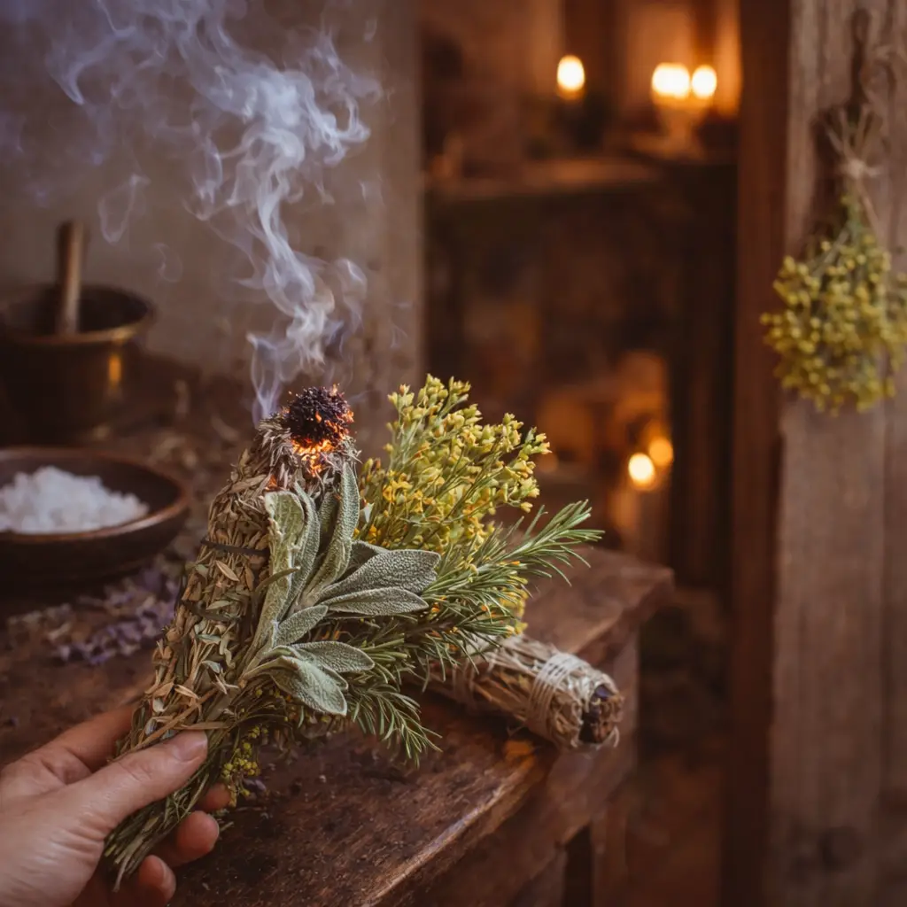 Ritual com ervas como arruda e sálvia sendo utilizadas em defumação para limpeza energética em ambiente acolhedor