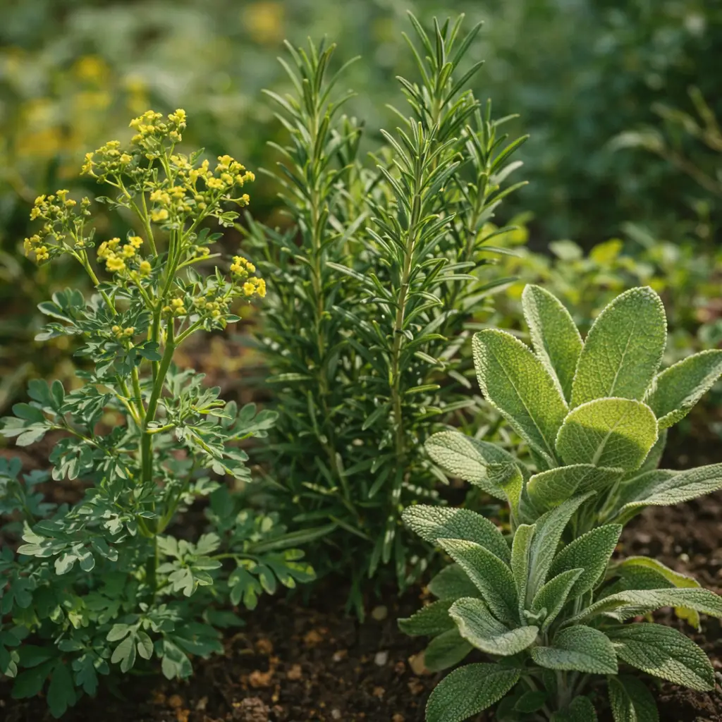 Plantas medicinais arruda, alecrim e sálvia cultivadas em jardim natural sob luz do sol