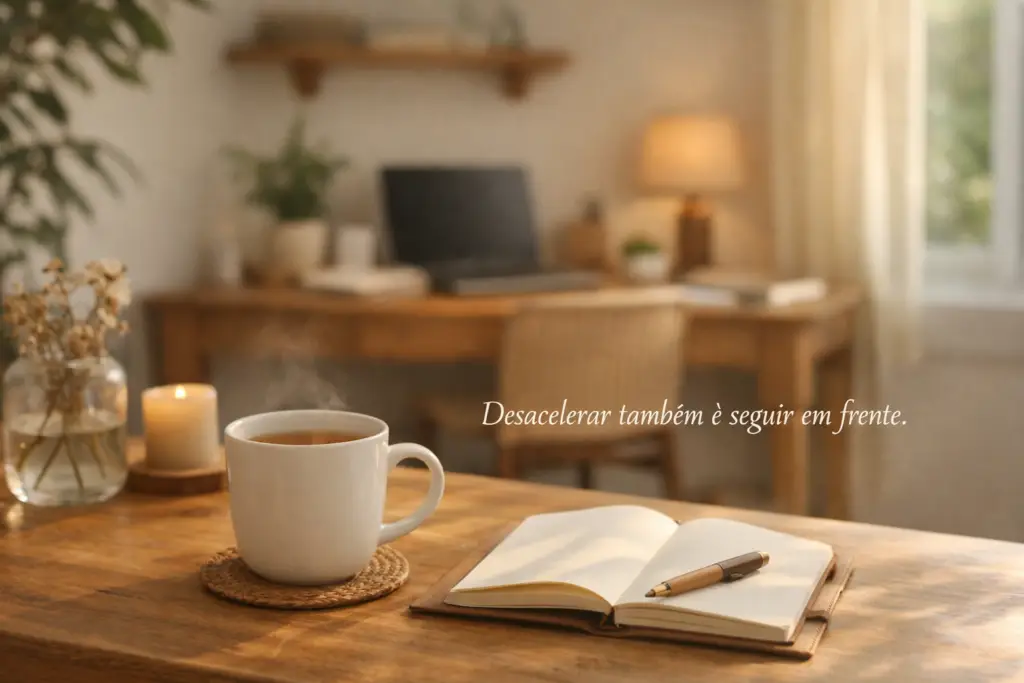 Rotina leve: ambiente de trabalho organizado com luz natural representando rotina leve e desaceleração