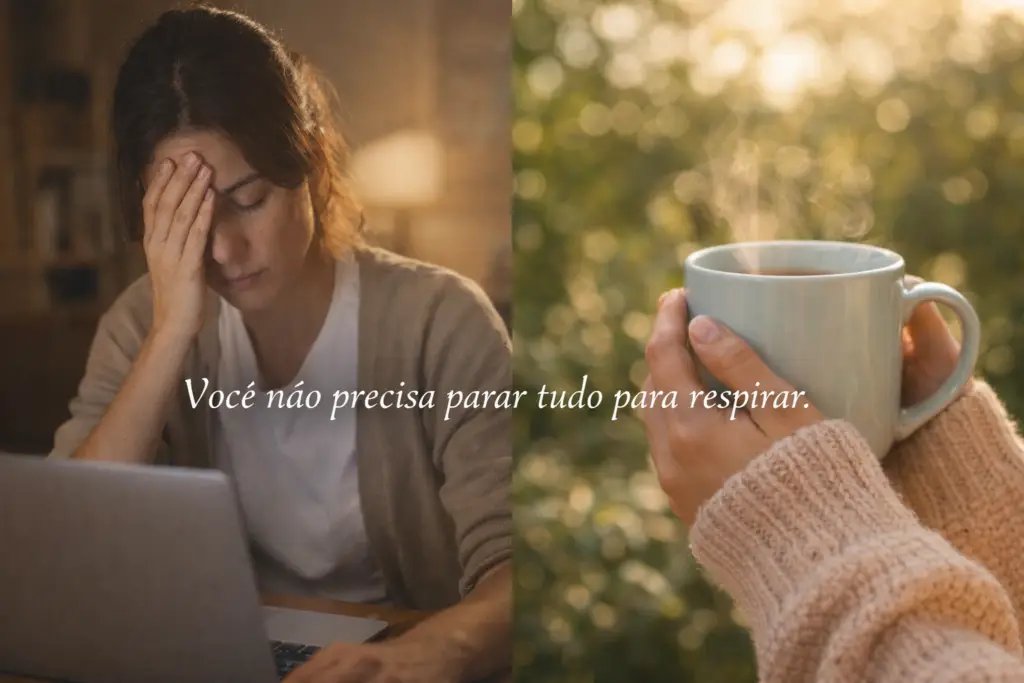 Rotina leve: comparação entre rotina cansativa e momento de pausa com chá simbolizando equilíbrio