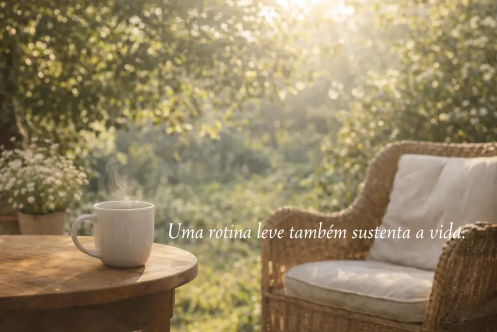 Rotina leve: ambiente natural com chá e luz suave representando rotina leve e bem-estar