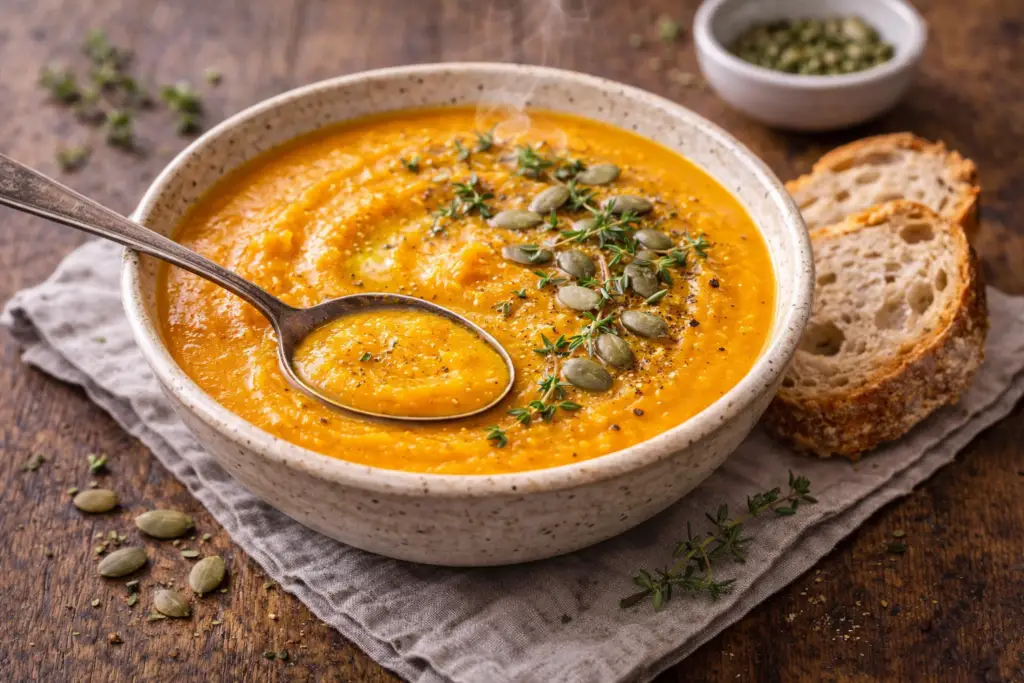 prato de sopa cremosa de abóbora com gengibre