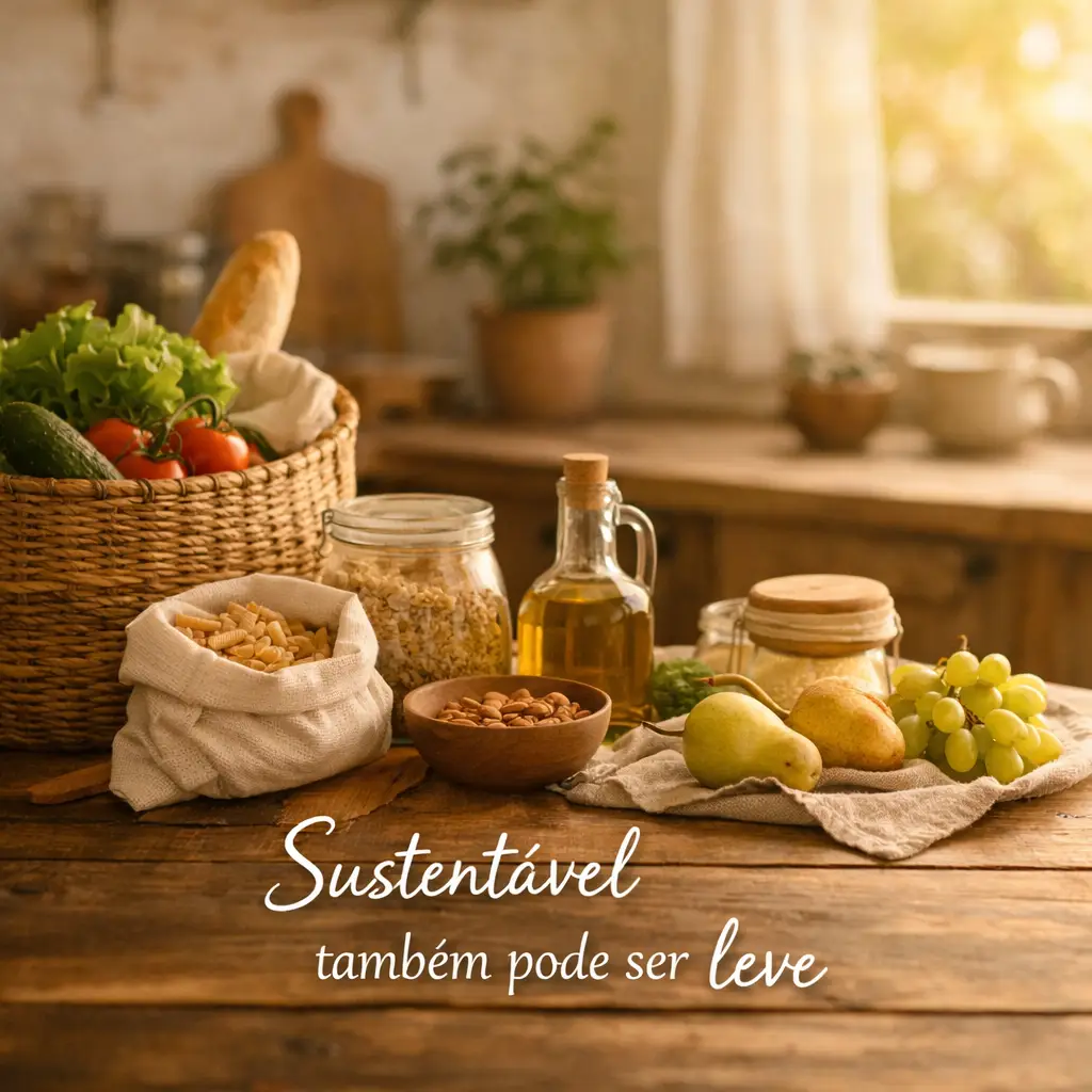 Ser mais consciente: cozinha com alimentos naturais e luz suave representando vida sustentável simples